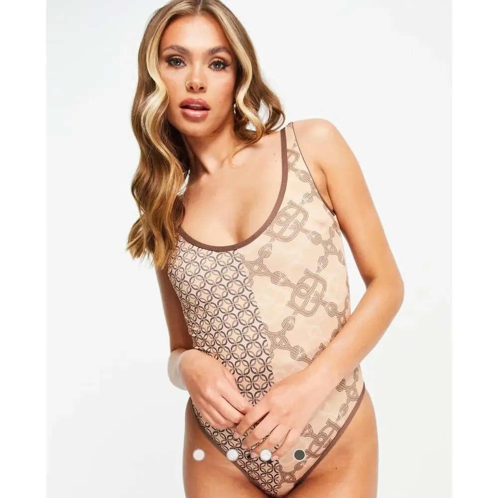 ASOS Design Splice One Piece Swimsuit Monogram Chain Horse bit Print Brown Tan 6